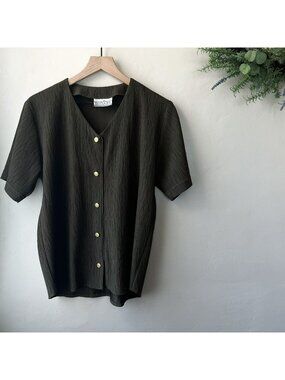 Vintage Dark Green Textured Button Down Blouse